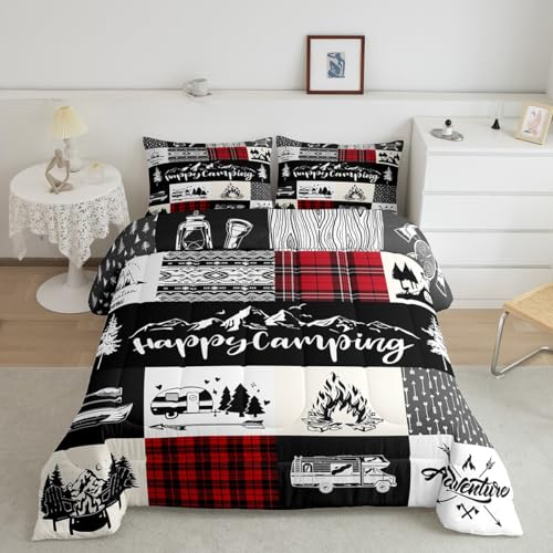 Castle Fairy Camping-Abenteuer-Bettwäsche-Set für Doppelbett, Wohnmobil-Zubehör für Reiseanhänger, Bettwäsche-Set für Kinder, Jungen, Herren, rustikales rotes Karomuster, Boho, Azteken, exotisch,