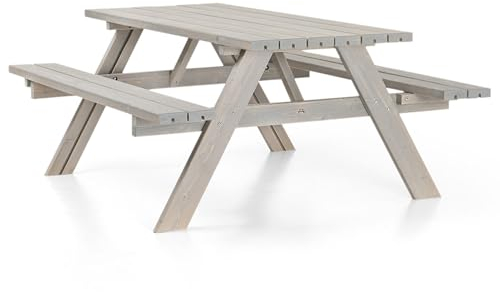 Amata Klassischer Design Picknicktisch mit faltbaren Sitzen, UNGURS Collection - Wetterfester Picknicktisch aus Holz für den Außenbereich, perfekt für Garten und Terrasse (Grau)