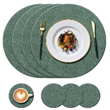 Fanquare Set de 6 Sets de Table et Sous-Verres en Cuir PU Rond Vert - Antidérapant, Résistant à la Chaleur pour Maison, Cuisine, Restaurant, Hôtel - 34cm