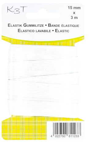 K3T Elastik Gummilitze/Gummiband, 15mm x 3m, Farbe weiß, Art.-Nr. 81123-K3T