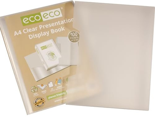 eco-eco Porte-vues transparent avec pochettes en plastique et boîte de présentation transparente Format A4 50% recyclé 100 pochettes