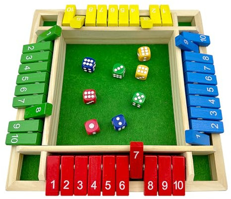Shut The Box for 4 Players, Wooden Table Game Dice Games Educational Dice Game Great Family Board Games Holiday Travel Fun Game Math Learning Education Toy Gift for Kids 3 4 5 6 Years Old -multicolor
