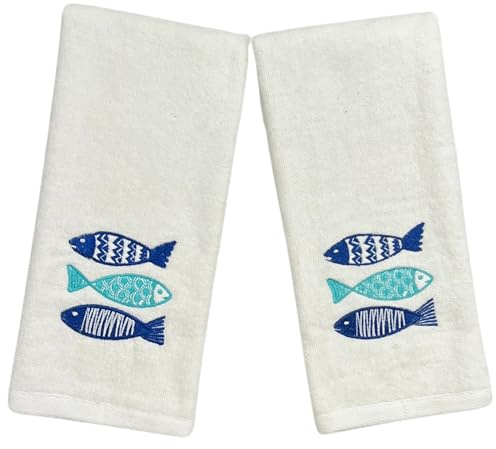 Serafina Home Summer Soft Absorbent Bathroom Coastal Guest Embroidered Hand Towels: Sealife Blue Fish Design, 2 Piece 16 x 25 Inches