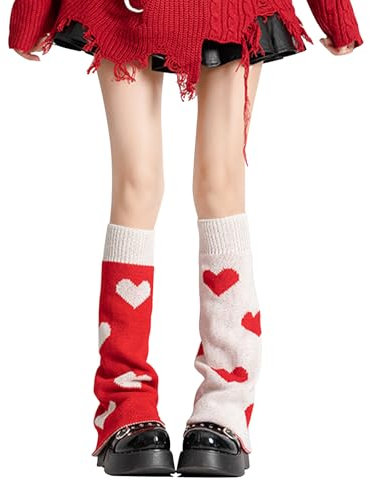 WODECASA Kawaii-Beinstulpen für Mädchen, gestrickt, ausgestellte Beinärmel, Gothic, gehäkelt, Baggy Manschette, Knöchelsocken, Love Heart - Rot, Einheitsgröße