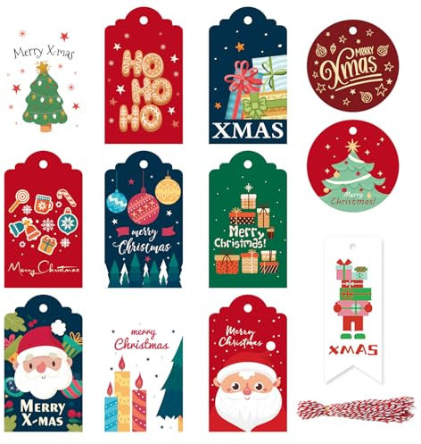48pcs geschenkanhänger Weihnachten,12 Designs Muster weihnacht geschenkanhänger mit Kordel Weihnachten für deko Weihnachten Geschenke,weihnachtskarten