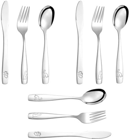 9PCS Couvert Enfant Inox,3 x Fourchette,3 x Cuillère,3 x Couteau Dentelé,Sûr Couverts Pour Enfants avec Motif Mignon,Couverts Bebe Dinosaures Pour Garçons,Maison Restaurant École Garderie(Argentél)