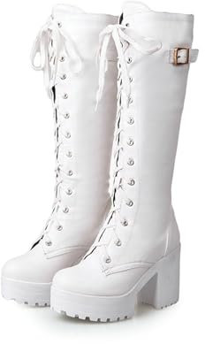 ENWIND Donna Stivali Gotici Punk Ginocchio Stivali con Zip Stringati Stivali Lunghi con Tacco Largo Stivali Invernali,Bianca,36 EU