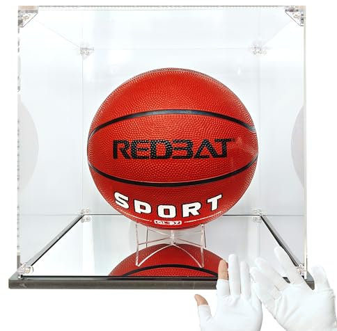 Mit Acryl Ballhalter und Spiegel Unterseite Acryl Vitrine Box Basketbälle, für Rugby-Ball, Fußball, 12×12×12 Zoll (30×30×30 cm), Geeignet für die meisten Bälle geeigneter Größe (Mit Ballständer)