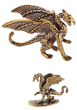 NOIAFZY 2Pcs Little Dragon Winged Dragon Brass Ornaments and Majestic Copper Dragon with Wings Figurine Bronze Micro Carved Tea Pet Ornaments