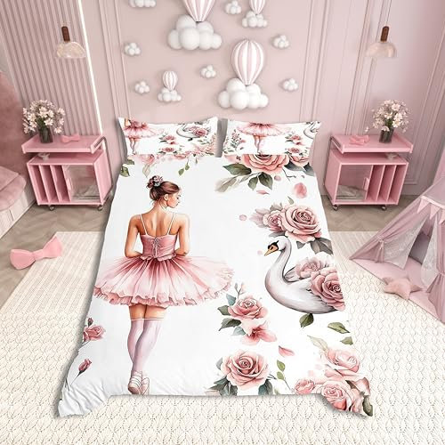 Ballet Girl Double Size Duvet Cover,Princess Dancing Theme Vintage Pink Roses Flowers Duvet Cover for Boys Girls All Season,White Swan Romantic Floral Bedding Set,No Comforter