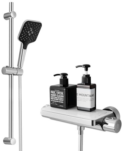 Lonheo Mitigeur Douche Thermostatique avec Tablette, Ensemble de Douche avec Barre de Douche 70cm, Pommes de Douche 3 Jets, Flexible de Douche en PVC 150cm, Chromé