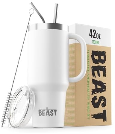 Beast Tumbler - 1300 ml (42 oz), Arctic White | Reusable Stainless Steel, Vacuum Insulated Cup | with + 2 Straws & Cleaning Brush | Double Wall Travel Flask Perfect for Hot or Iced Coffee | BPA Free