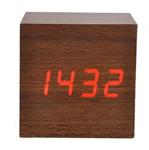 Cabilock Mini Cube Shaped Digital Wecker Mit Roter Led Holzoptik Sprachaktiviert Zeigt Datum Temperatur c An Braune Oberfläche Tischuhr Für Home-Office Und Reisen