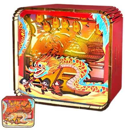 Luce notturna Puzzle in legno, Puzzle in legno con luce notturna | Lampada da tavolo di Capodanno - Luce LED di danza del drago, lampada da scrivania artistica per adulti e
