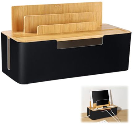 Boîte de Gestion des Câbles, Boîte de Rangement pour Câbles avec Couvercle en Bambou Boîte Cache-Câble, Boîte Cache-Câble en Fil Organiser Câblage Informatique, Fils lâches, Cacher Câbles (Noir)