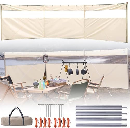 Kensbro Brise-vue pliable pour le camping avec fenêtre en PVC transparent - Coupe-vent imperméable pour l'extérieur - Avec 4 jeux de barres - Pour pique-nique, barbecue, feu de camp (440 x 130 cm)