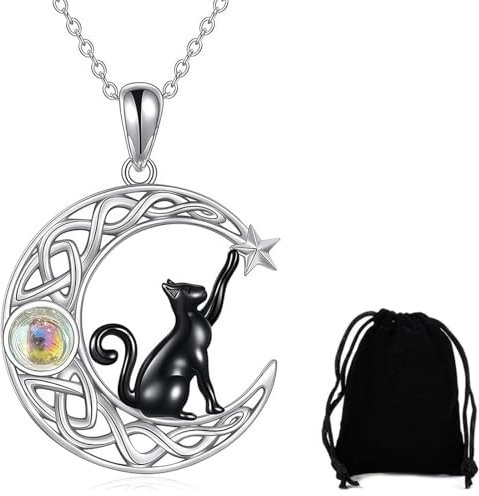 KUMSODE Halskette Damen Kette mit Katzen Kette Mond Anhänger aus 925 Sterling silber Geschenk für Sie Freundin Weihnachten