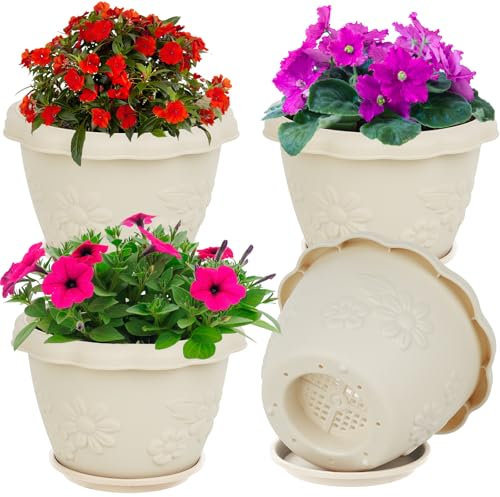 IWTTWY 4 Pack Plastic Plant Pots, 18CM Thicken Orchid Pots with Saucers and drainage holes, Modern Flower Pots Planters Herb Pots Indoor Outdoor for Peace Lily, Snake Plant, Succulent (Off White)