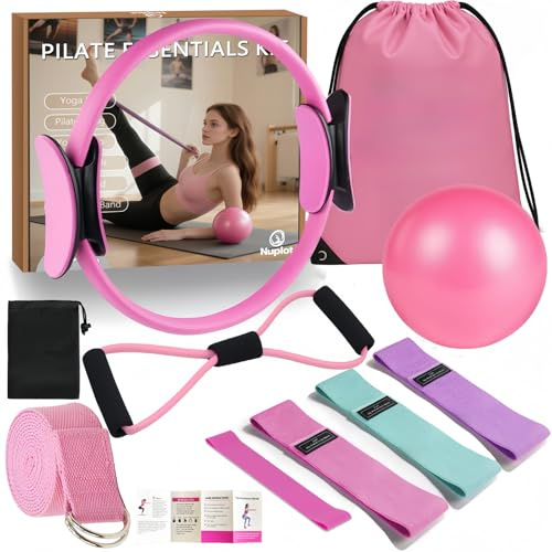 Nuplot Kit Essenziale per Pilates da Donna, miglior Kit di Yoga e Pilates per allenamenti a casa con Anello e Set di Palle da Pilates, Fasce per Glutei, Fascia di Resistenza Figura 8, Fasce di