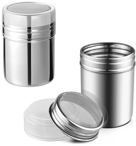 Kezidhp Lot de 2 Saupoudreuse à Sucre Glace Professionnelle - pour Cacao, Matcha, Épices et Cappuccino - Couvercle Hermétique Conservant la Fraîcheur - en Plastique et Acier Inoxydable Durable
