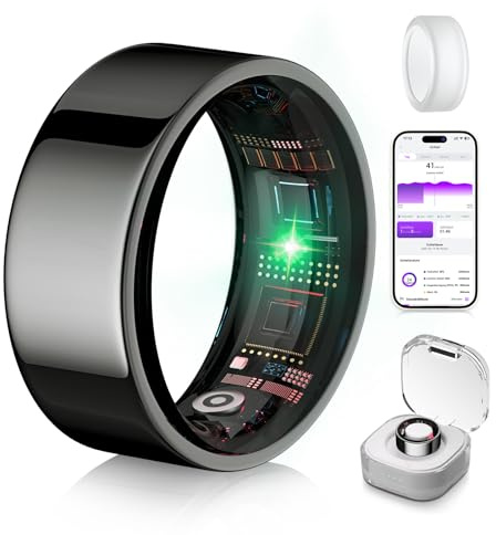XSWCCJJ Smart Ring 5.Generation & kabelloser Ladebox【Branchen Nr.1 – 0 Messfehler】【Sportspezifisch】 Smartring für Damen Herren Schlafen, Herzfrequenz, SpO2, 200 Modi für Schwarz 12#