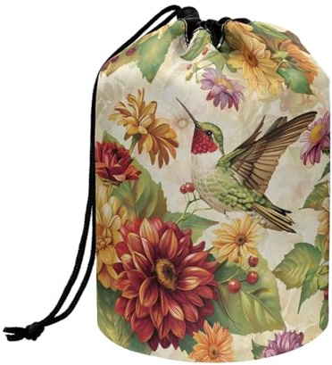 Wnbucioht Hippie Hummingbird Drawstring Makeup Bags for Women Girls Toiletry Bucket Bags Travel Toiletries Bags Round Organizer Storage Pocket Travel Toiletries Cases Organizer