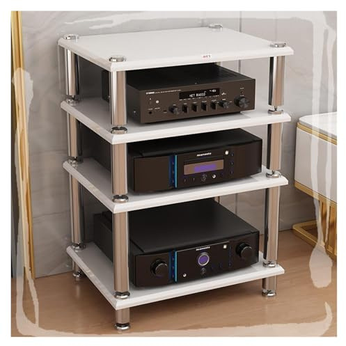 Stufiger HiFi Rack, Plattenspieler-Ständer, Medienaufbewahrungsschrank, 1 2 3 4-stufiger Stereoschrank, Beine aus Edelstahl(White,4 Tier-60x48x83cm)