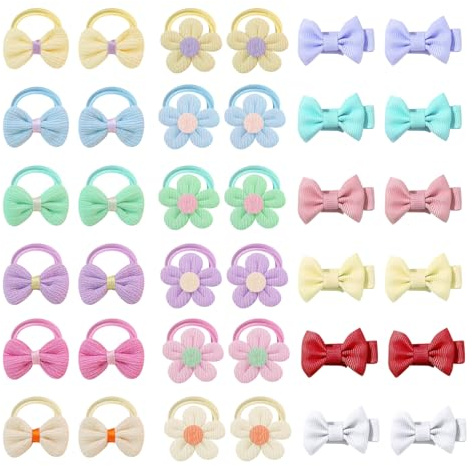 DIPZO 36 accesorios para el cabello de niña, pinzas con lazo rosa, gomas elásticas con flores, coleteros suaves y bonitos para niñas, bebés y niños