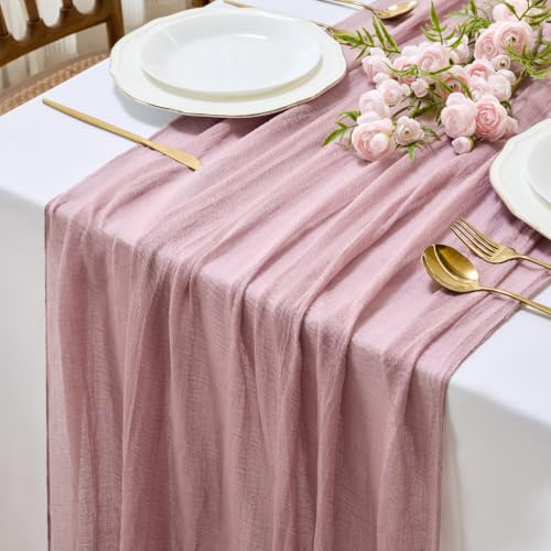 GUJOXILA Tischläufer Altrosa Käsetuch 300x80cm Musselin Gaze Tischläufer | für Babyparty Mädchen Deko Frühling Rustikal Dekostoff für Hochzeit Kommunion Konfirmation Taufe Geburtstag Tischdeko