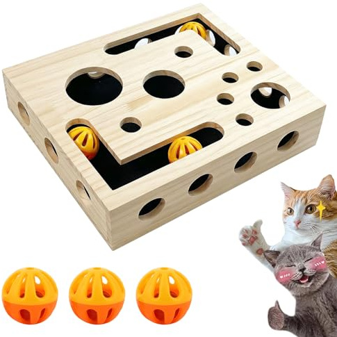 Cat Nail File Scratch Puzzle Box - Interactive Wooden Maze Toy with Sandpaper and 3 Bell Balls, Mental Stimulation Cat Toy Box for Stress-Free, Alternative to Trimming Nails, Kitten Enrichment Toys