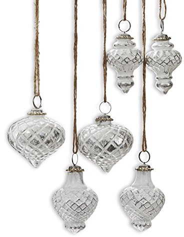 Loberon Weihnachtsschmuck 6er Set Appilly, Weihnachtskugeln, Glas, Eisen, G1: H/Ø ca. 8/8 cm, G2: H/Ø ca. 9/6 cm, G3: H/Ø ca. 10/6 cm, weiß/Silber