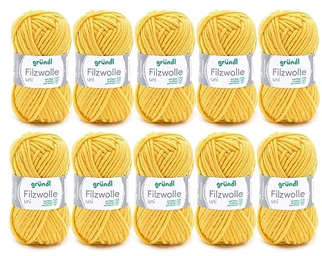 Gründl Wolle Filzwolle uni - Dicke Wolle zum Filzen in der Waschmaschine - Strickgarn zum Filzen - Weich und hautfreundlich - 100 % Schurwolle - 10 Knäuel 50 g /50 m -Nadelstärke 8 -9 - Zitrone