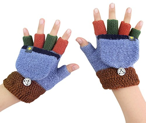 Fäustlinge mit Knopf Klappe Fingerlose Halb Handschuhe für Kinder Winter Warm Strickhandschuhe Fingerhandschuh Winterhandschuhe 2-6 Jahre alt Jungen Mädchen