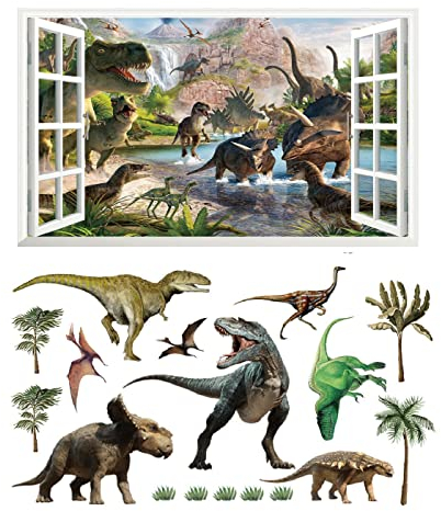 Chicbanners 2Pcs Dinosaurier Dino Urzeit T-rex Wandtattoo 3D Effekt Wandsticker XXL Wanddurchbruch Tiere Fenster Wandaufkleber für Kinderzimmer Jungenzimmer Groß 1000mmx580mm