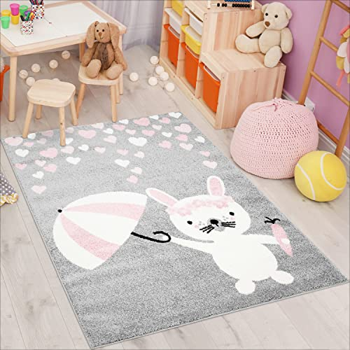 carpet city Teppich Kinderzimmer Hase Herz Regenschirm Flachflor Grau 160x225 cm Babyzimmerteppich