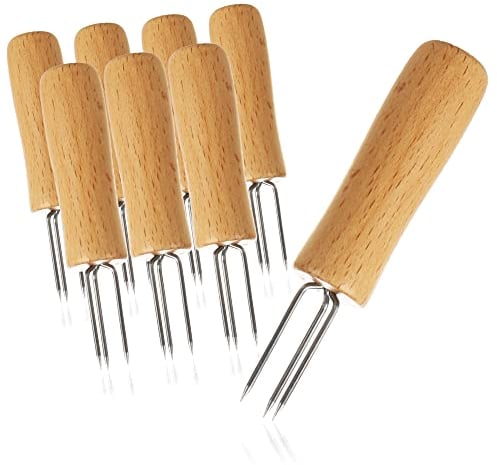 COM-FOUR® Forchetta per mais 8x con 3 denti in acciaio inossidabile, antiruggine - spiedini di mais riutilizzabili - aiuto per sbucciare patate al cartoccio (08 pezzi - legno)