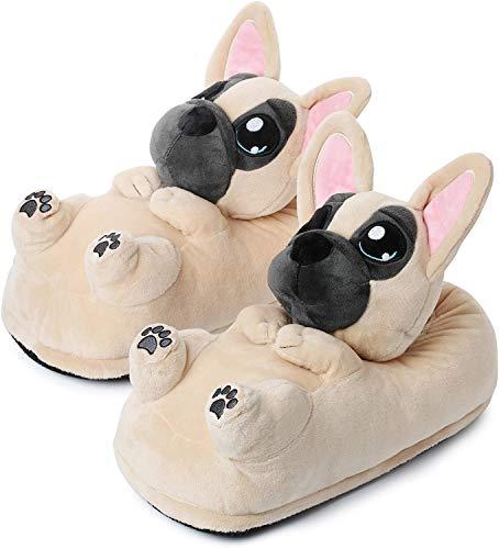 corimori Süße Plüsch-Hausschuhe (10+ Designs) Frenchie „Zorro“ Slipper Einheitsgröße 25-33.5 Unisex Pantoffeln Beige Schwarz