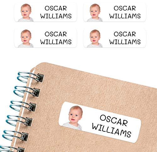 50 personalisierte Aufkleber, mit Foto oder Bild, 6 x 2 cm, zum Markieren von Gegenständen, Büchern, Brotdosen usw. Weiße Farbe