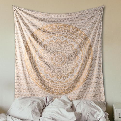 THE ART BOX Indie Wandteppich Baumwolle Mandala Wandbehang Deko Teppich Aesthetic Room Decor Dekoration Wandtuch/Strandtuch Wohnzimmer Indische Tücher Schlafzimmer,Gold und Weiß 264x230 cm