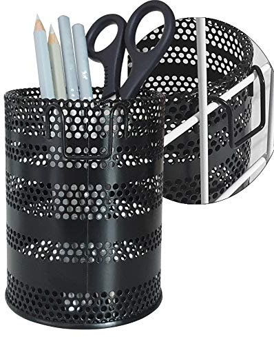 Produco Metal Hook Wall Mounted Pen Pencil Holder, Office Desk Organizer with Hook for Hanging on Wire Mesh Wall Grid Panel (Black, Mid)