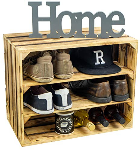 Schuhschrank Schuhregal Weinregal Schuhablage für 6 Paar Schuhe als Schuhständer Schuhaufbewahrung aus Holz stabiles Regal in Obstkisten Optik (geflammt doppelt Längs flam)