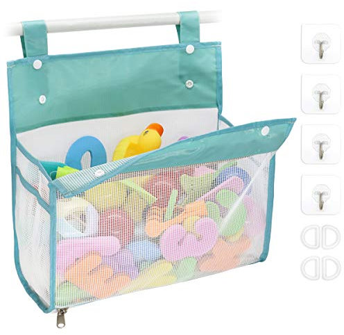 Organiseur de jouets de bain de plusieurs façons de l'accrocher, porte-jouets de salle de bain avec ouverture extra large, fermeture éclair en bas, sac de rangement pour jouets de baignoire (bleu)