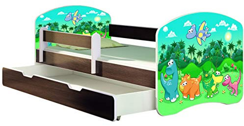 ACMA Kinderbett Jugendbett mit Einer Schublade und Matratze Wenge mit Rausfallschutz Lattenrost II 140x70 160x80 180x80 (30 Dino, 180x80 + Bettkasten)