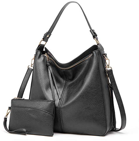 Lifetooler Handtaschen Set Gross Leder Schultertasche Umhängetasche Geldbörse Hobo Damen Taschen Set für Büro Schule Einkauf Reise eschenke für Frauen 2pcs(schwarz)