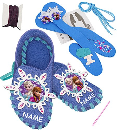 alles-meine.de GmbH Bastelset - Filz - Pantoffeln/Hausschuhe - die Eiskönigin - Frozen - incl. Name - zum Sticken, einfaches Nähen per Hand - Gr. 30-35 / Circa 6-10 Jah..