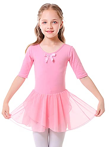 Bezioner Ballettkleidung Mädchen Tanzkleid Kinder Baumwolle Balletttrikot Ballettkleid mit Rock Tütü pink 120