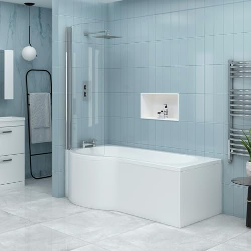 Elva 1500 x 850mm Left Hand P-Shaped Shower Bath Bathtub with Acrylic Front & End Panel + Glass Shower Curved Screen
