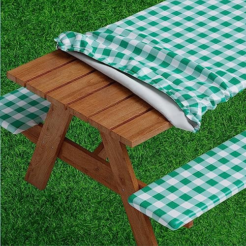 Sorfey Vinyl-Tischdecke für Picknicktisch und Bank, Karo-Design, Flanell-Rückseite, 76,2 x 152,4 cm, 3-teiliges Set, Grün