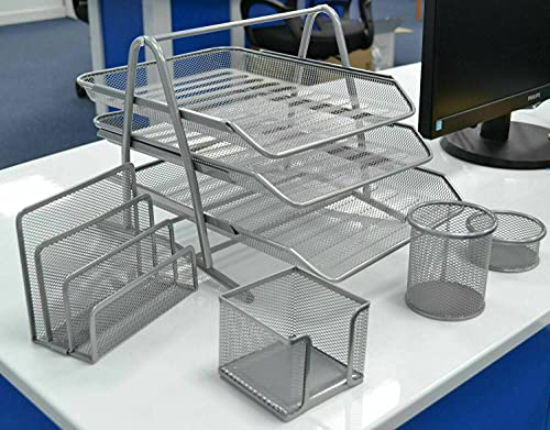 raxter Office Desk Set 5 Pieces Organiser Tidy 3 Tier Letter/Filing/Paper Tray, Pencil Cup, Letter Shelf, File, Clip & Memo Holder (Silver)
