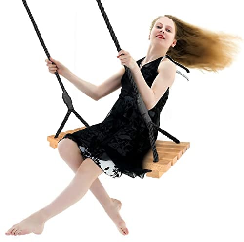 Favuit Wooden Swing Seat, Garden Wood Tree Swing Hanging Seat with Adjustable Rope Outdoor Wood Chair Durable Playground Equipment for Adults Indoor and Outdoor(60 x 25cm)